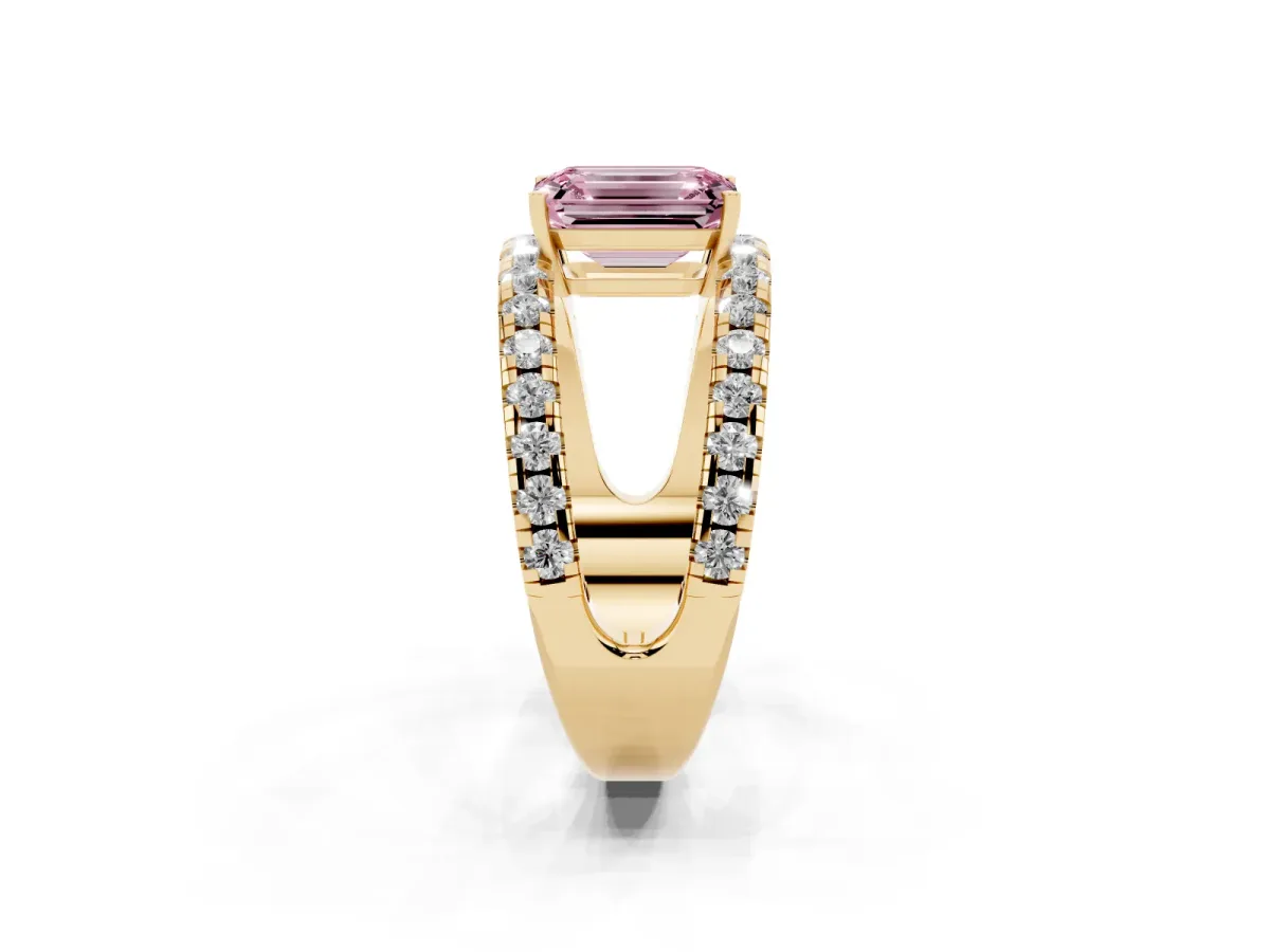 Fancy Pink Emerald Cut Solitaire Split Shank Pave Diamond Ring Yellow gold