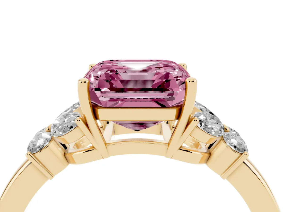 Fancy Pink Asscher Cut Cut Solitaire Floral Diamond Ring with Four-Prong Setting Yellow gold