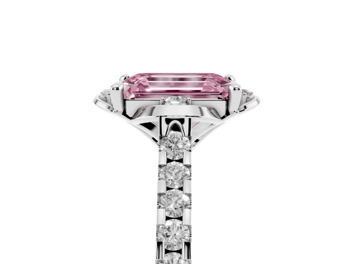 Fancy Pink Emerald Cut Diamond Ring with Pavé Band and Floral Prong Setting Silver