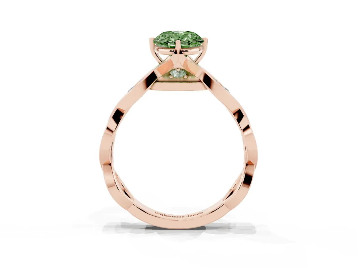 Fancy Green Oval Cut Solitaire Twist Band with Leaf Prong Setting Rose gold