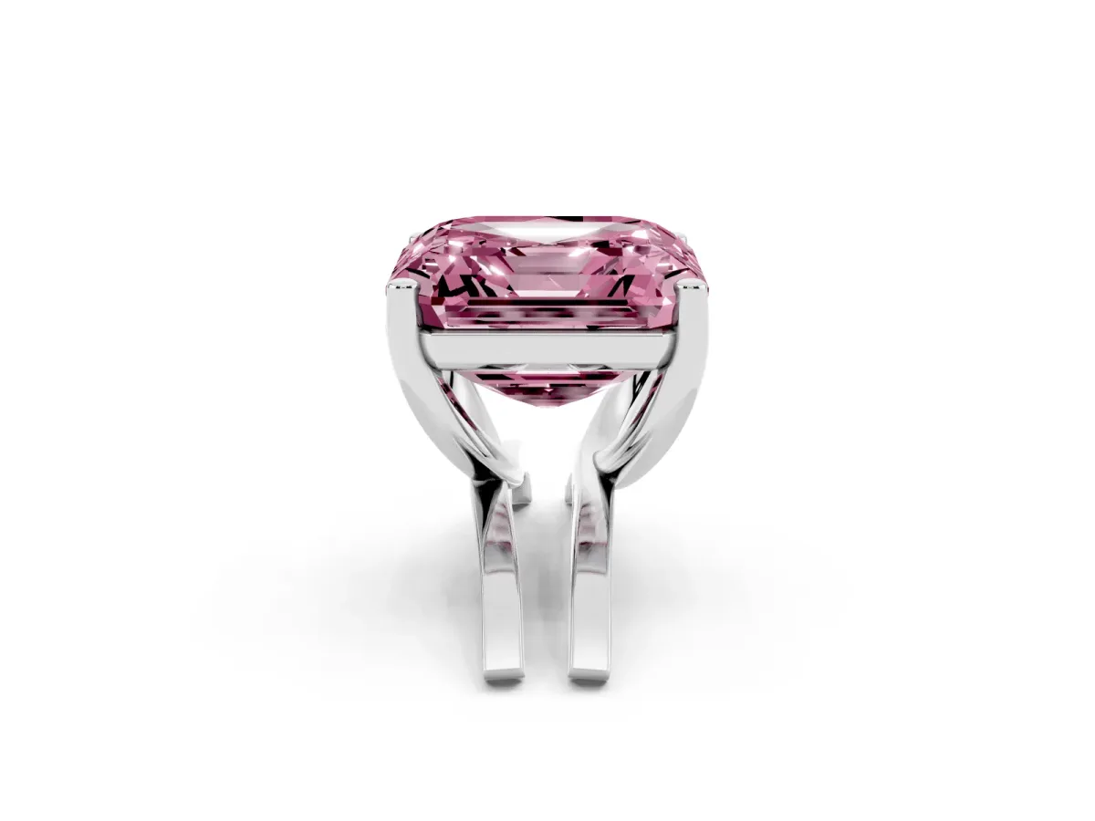 Fancy Pink Asscher Cut Cut Diamond Solitaire Engagement Ring with Tapered Plain Band and Four-Prong Setting Platinum