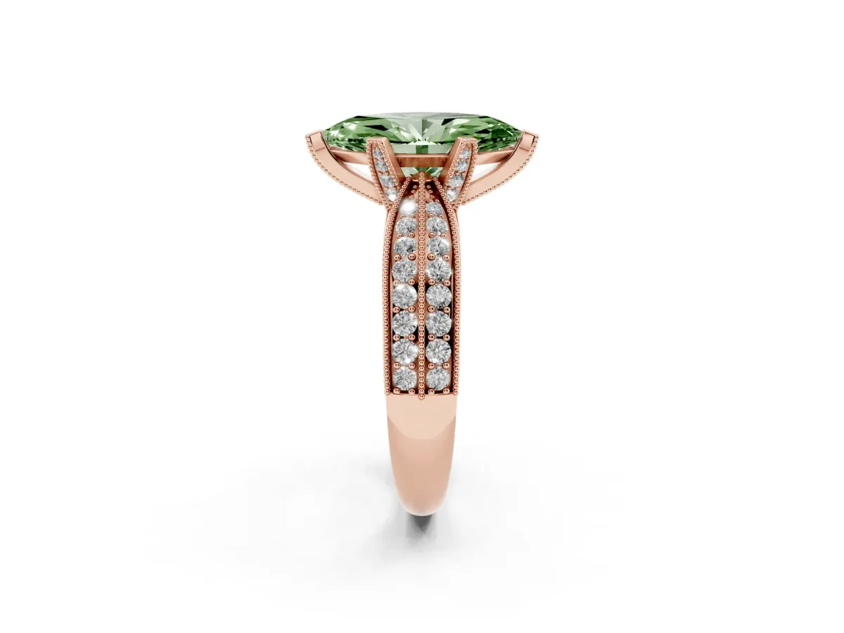Fancy Green Marquise Cut Diamond Solitaire Ring with Milgrain Round Pavé Band and Prong Setting Rose gold