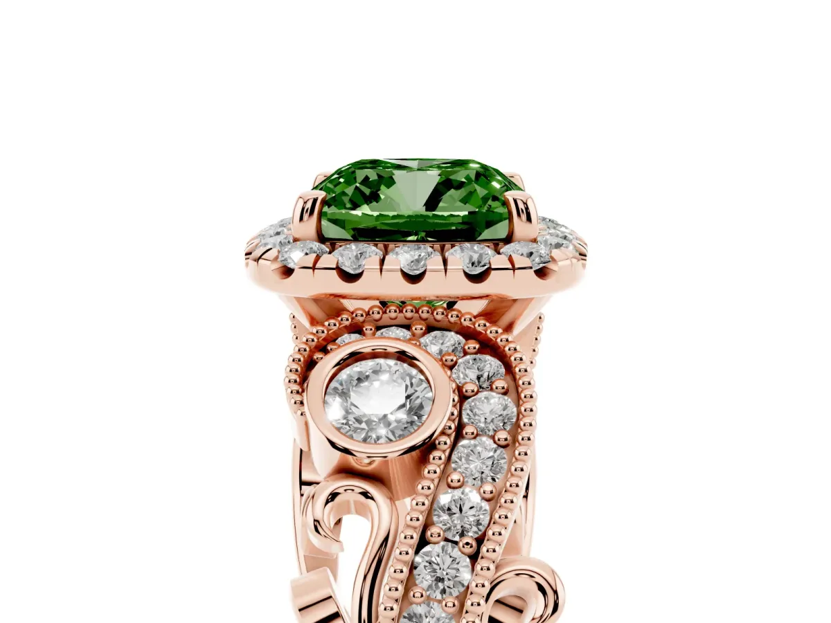 Fancy Green Cushion Cut Halo Diamond Ring with Milgrain and Bezel Accents on a Split Shank Band Rose gold