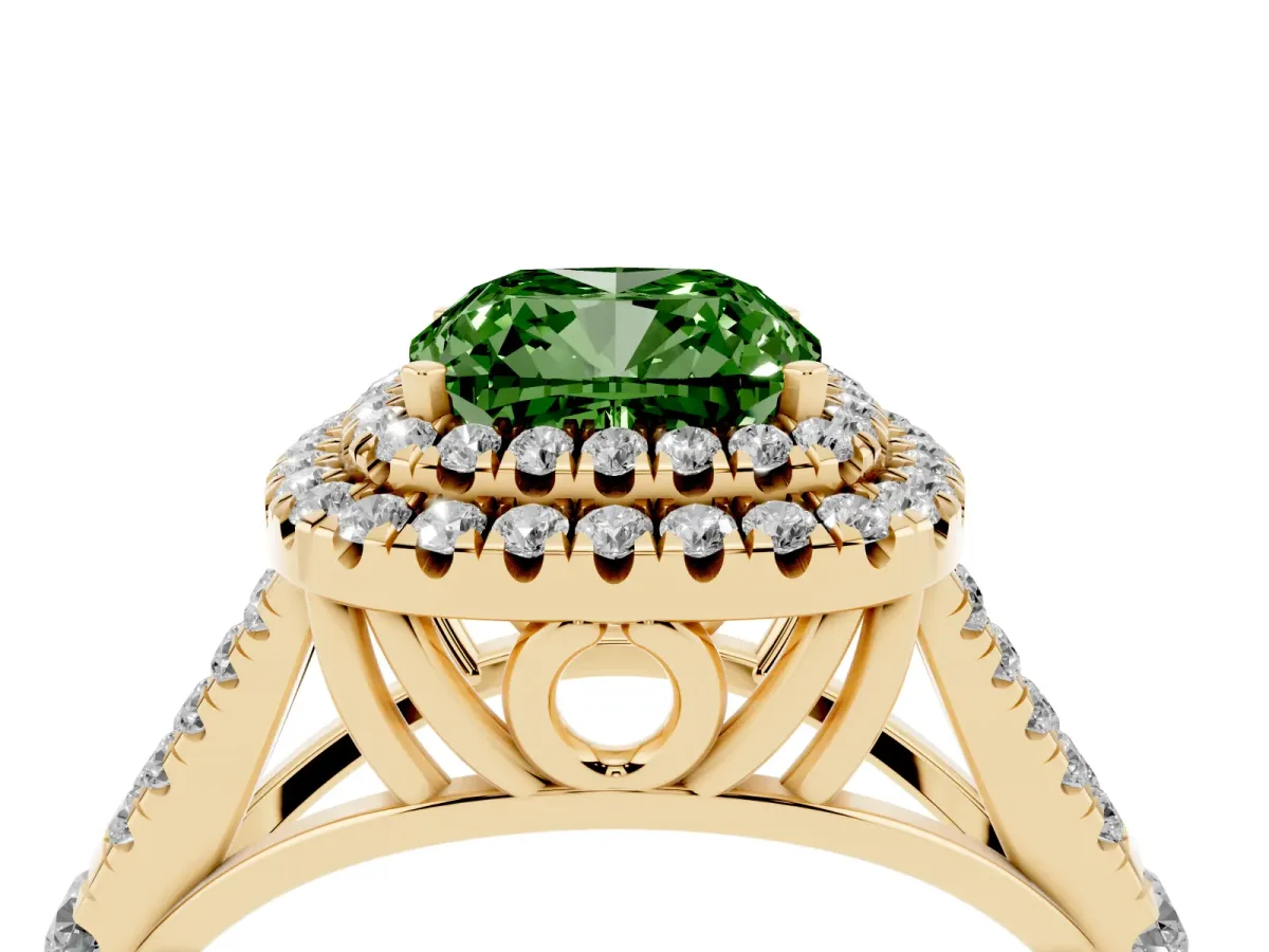 Fancy Green Cushion Cut Diamond Pavé Split Shank Double Halo Engagement Ring Yellow gold