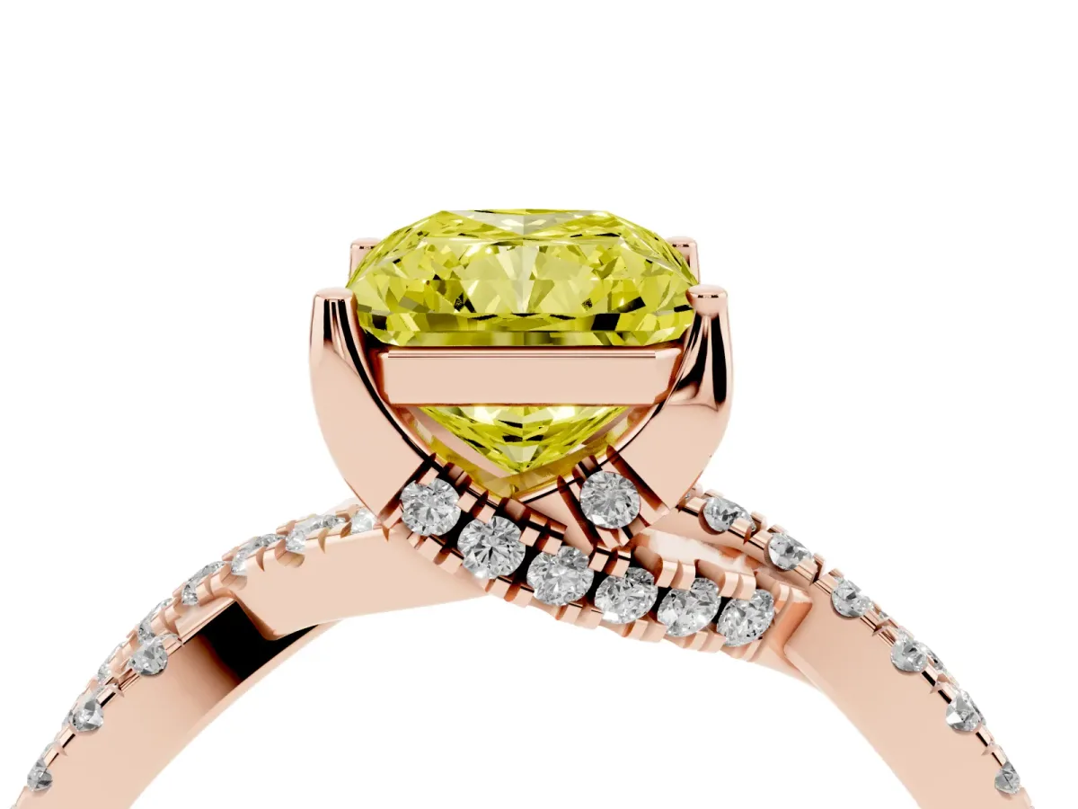 Fancy Yellow Radiant Cut Solitaire Twist Pave Diamond Engagement Ring with Prong Setting Rose gold