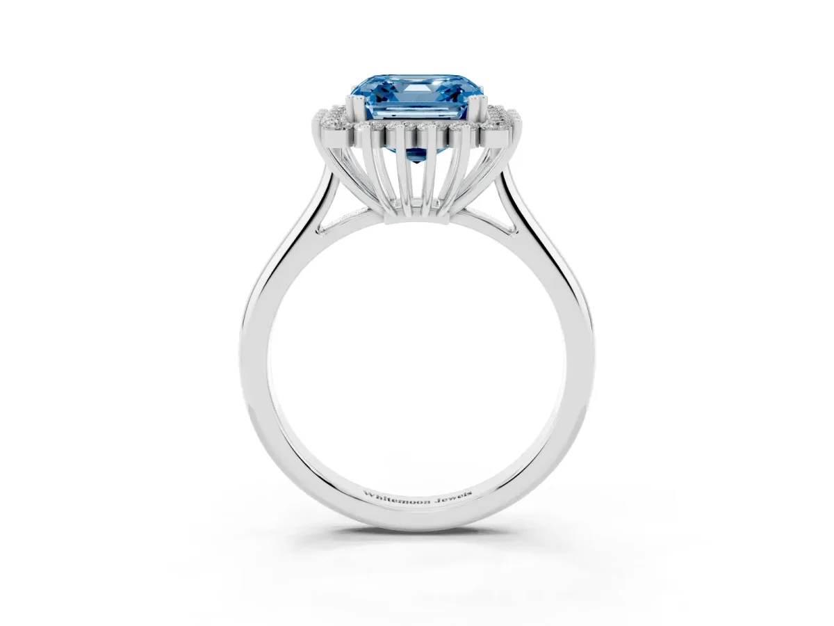 Fancy Blue Asscher Cut Cut Diamond Halo Ring with Solitaire Band and Prong Setting Platinum