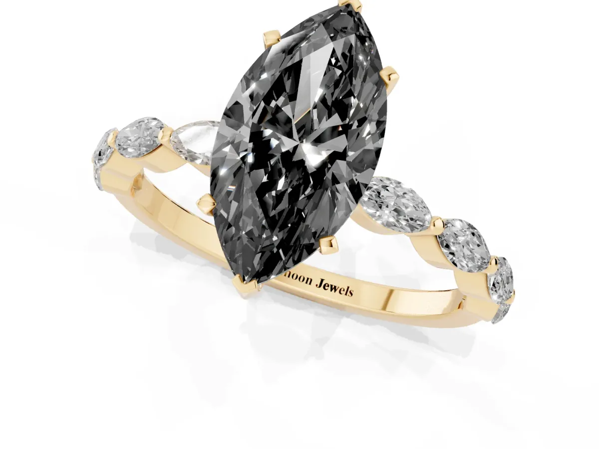 Fancy Black Marquise Cut Diamond Ring with Marquise Side Stones and Prong Setting Yellow gold