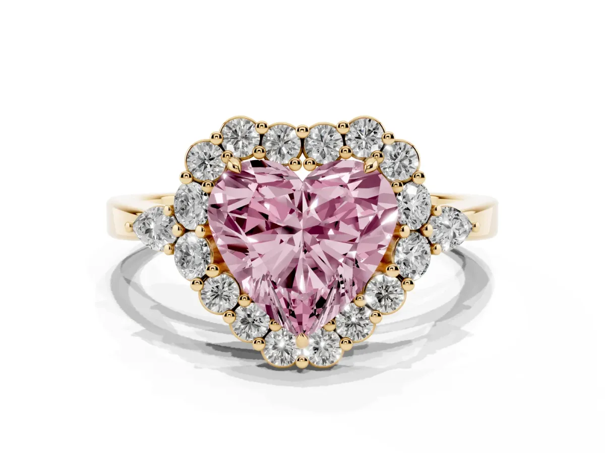 Fancy Pink Heart Cut Diamond Halo Ring with Pear Side Stones and Prong Setting Yellow gold
