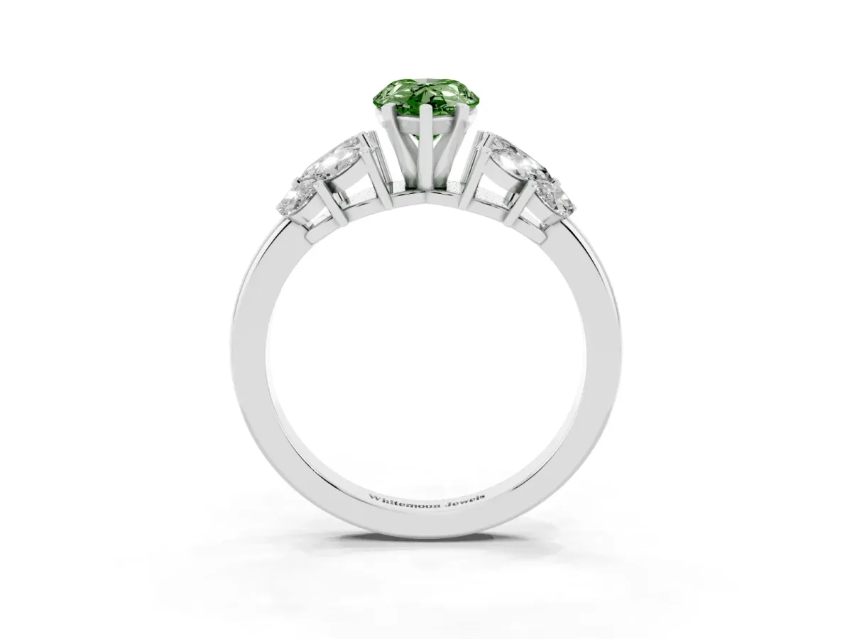 Fancy Green Pear Cut Diamond Cluster Leaf Design Ring with Prong Setting Platinum