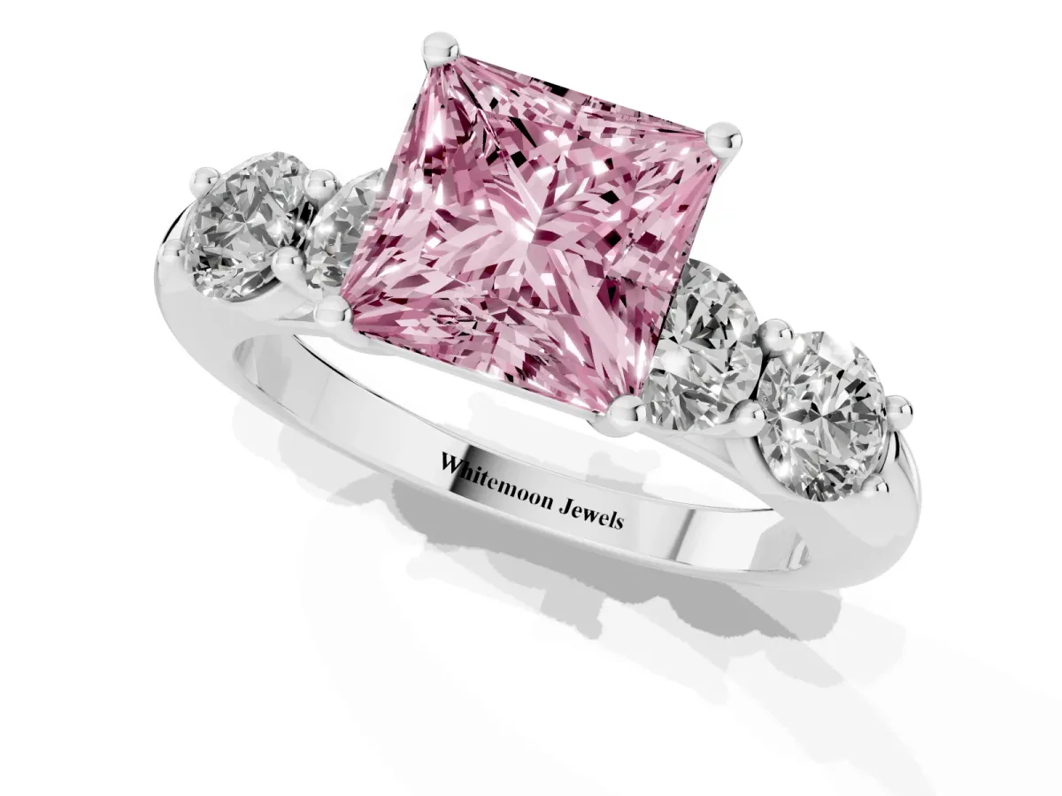 Fancy Pink Princess Cut Cut Five-Stone Prong Set Diamond Ring with Classic Band Silver