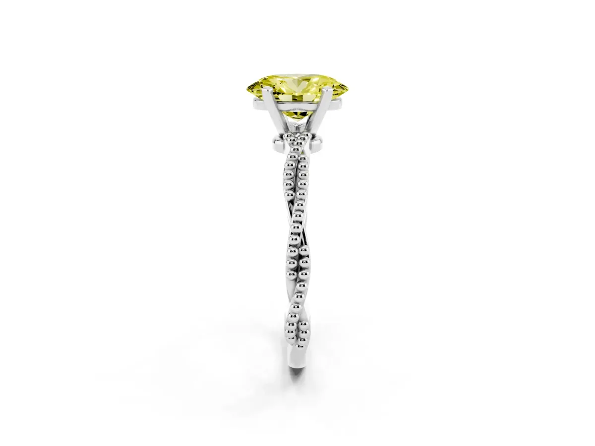 Fancy Yellow Oval Cut Solitaire Twisted Band with Bead Prong Setting Platinum