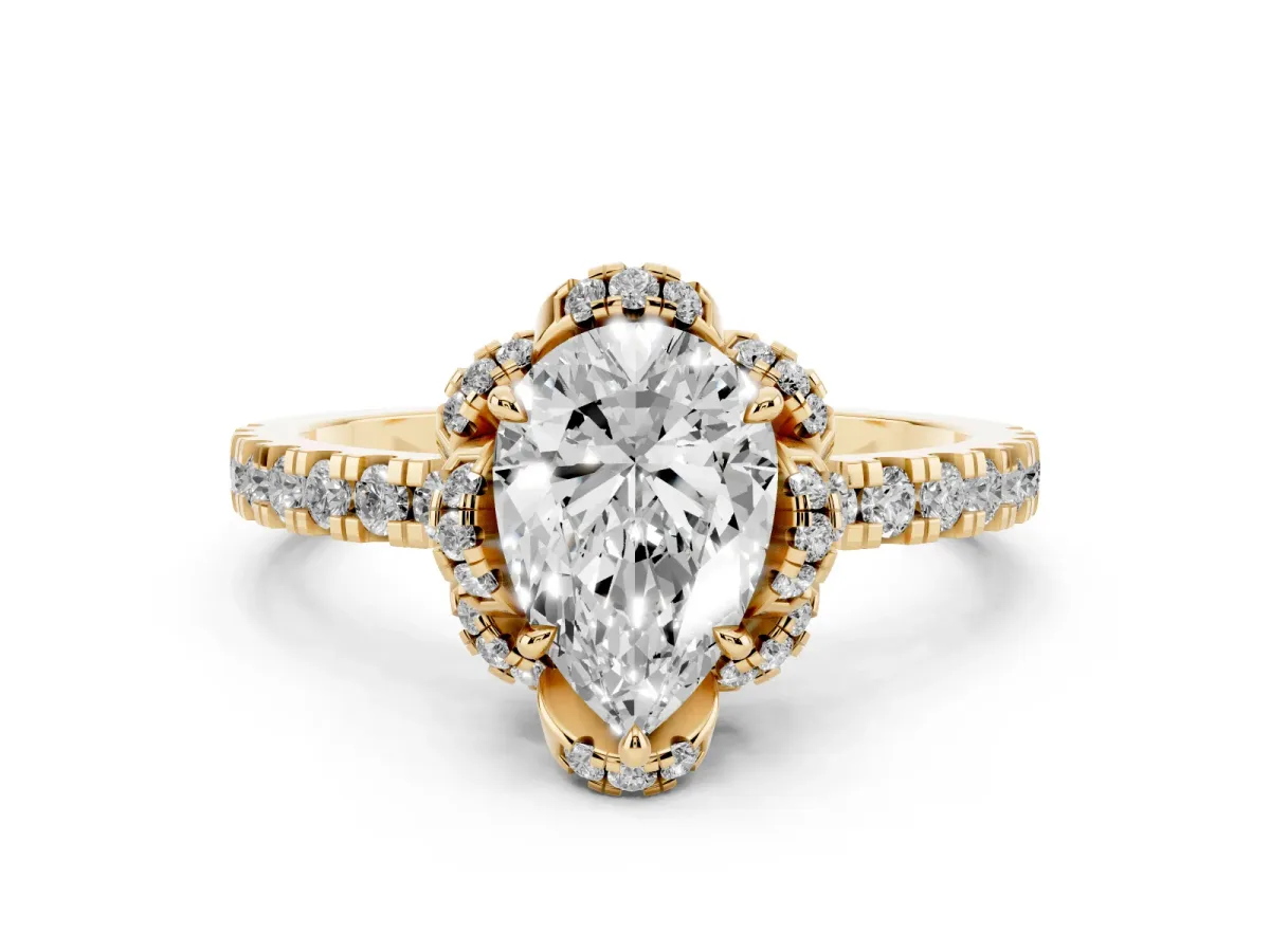 Pear Cut Halo Diamond Pave Band Ring with Four-Prong Setting Yellow gold