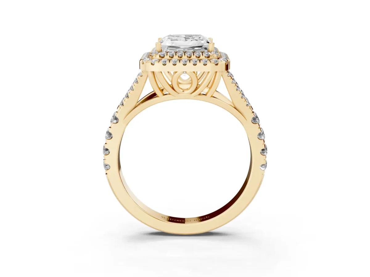 Princess Cut Diamond Pavé Split Shank Double Halo Engagement Ring Yellow gold