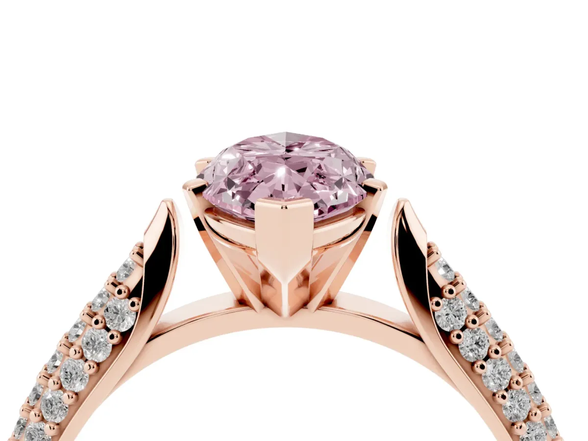 Fancy Pink Marquise Cut Diamond Solitaire Engagement Ring with Multi-Row Round Pavé Band and Prong Setting Rose gold