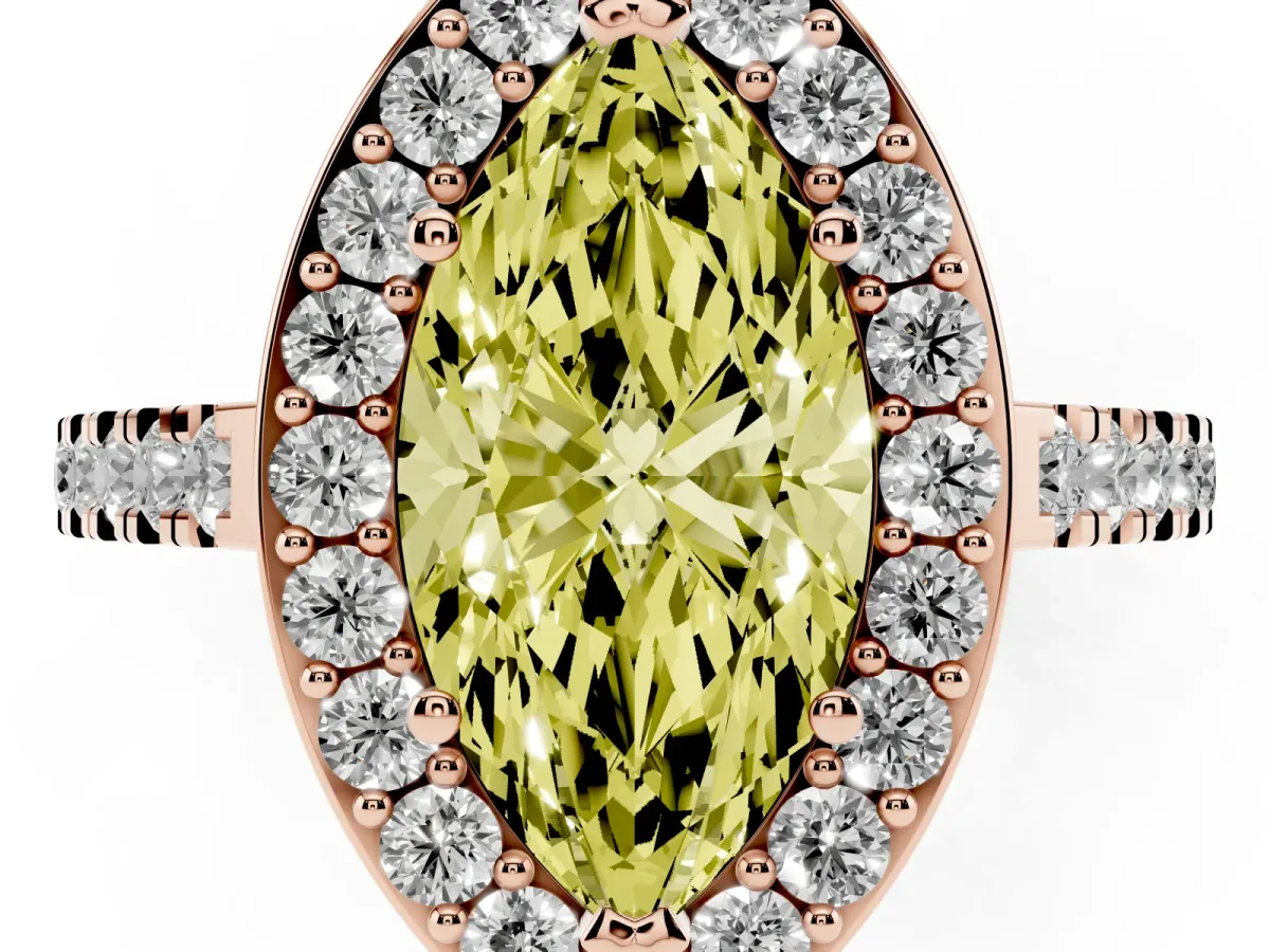 Fancy Yellow Marquise Cut Diamond Halo Ring with Round Pavé Split Shank and Prong Setting Rose gold