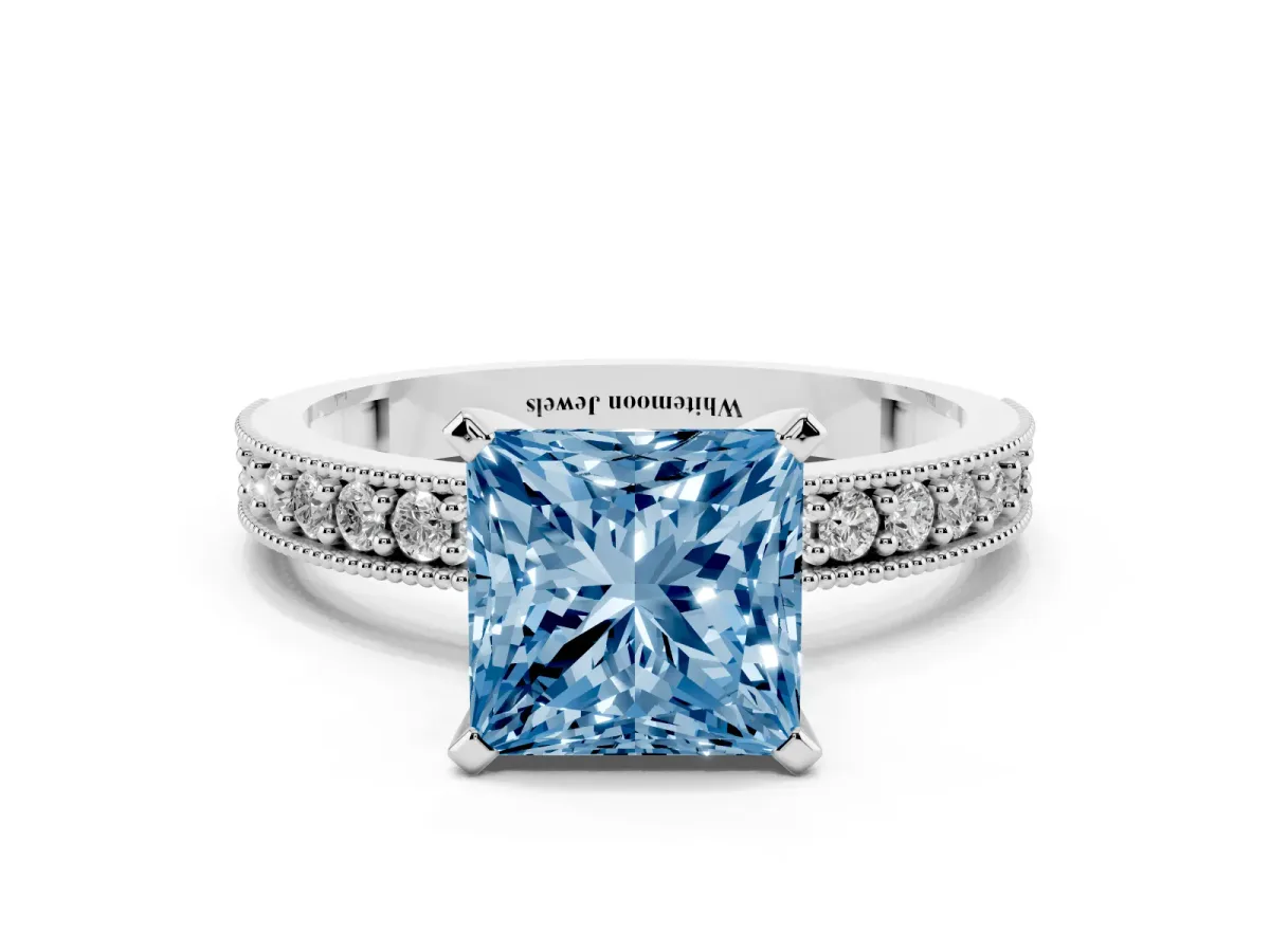 Fancy Blue Princess Cut Diamond Milgrain Pavé Engagement Ring with Four-Prong Setting Silver