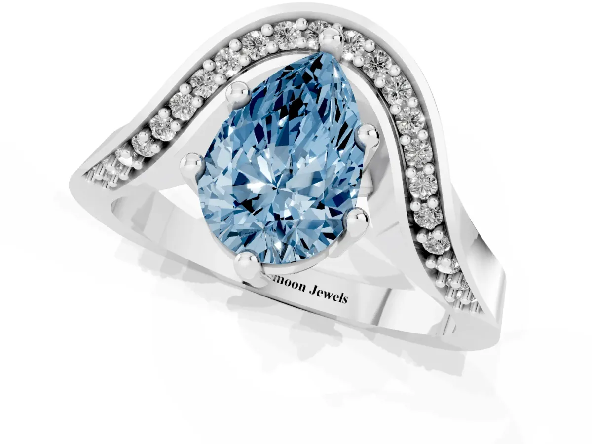 Fancy Blue Pear Cut Solitaire Diamond Engagement Ring with Pave Band and Four-Prong Setting Silver