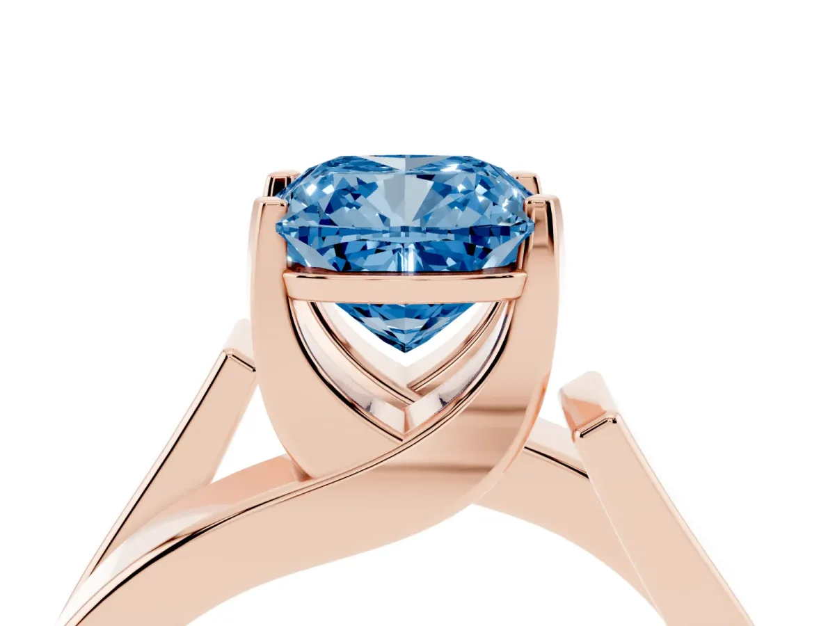 Fancy Blue Modern Tension Set Cushion Cut Diamond Solitaire Wide Band Ring Rose gold