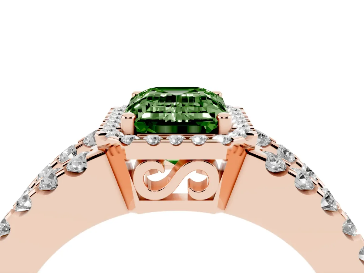 Fancy Green Emerald Cut Cut Halo Split Shank Diamond Ring with Four-Prong Setting Rose gold