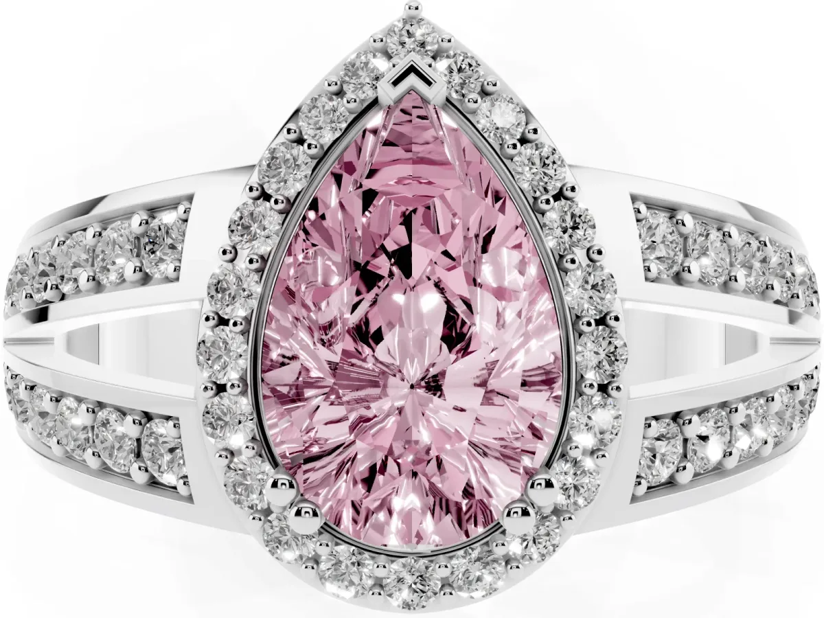 Fancy Pink Pear Cut Diamond Halo Ring with Split Shank Pavé Band and Four-Prong Setting Silver