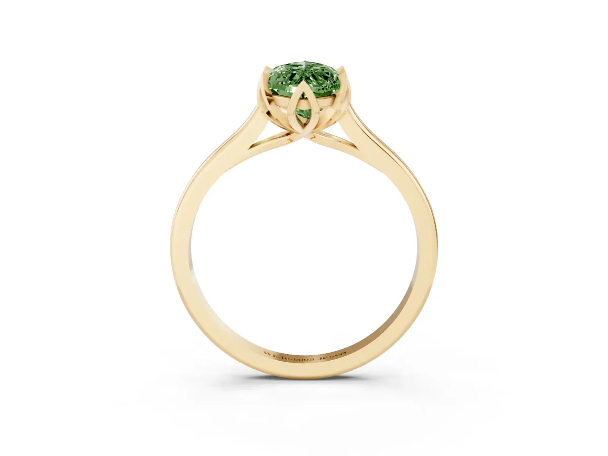 Fancy Green Marquise Cut Diamond Solitaire Ring with Flower Prong Setting and Classic Band Yellow gold