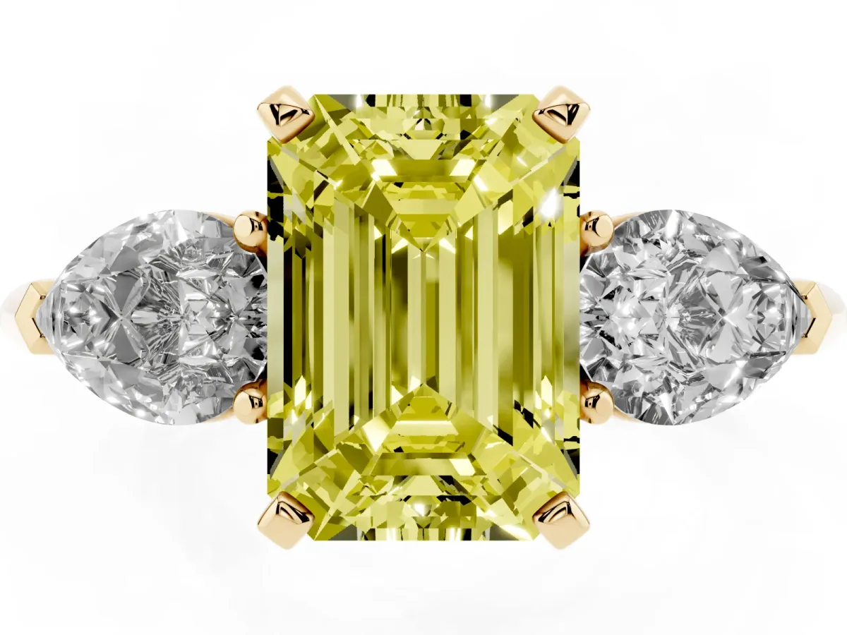Fancy Yellow Three-Stone Emerald Cut Diamond Ring with Pear Side Stones and Four-Prong Setting Yellow gold