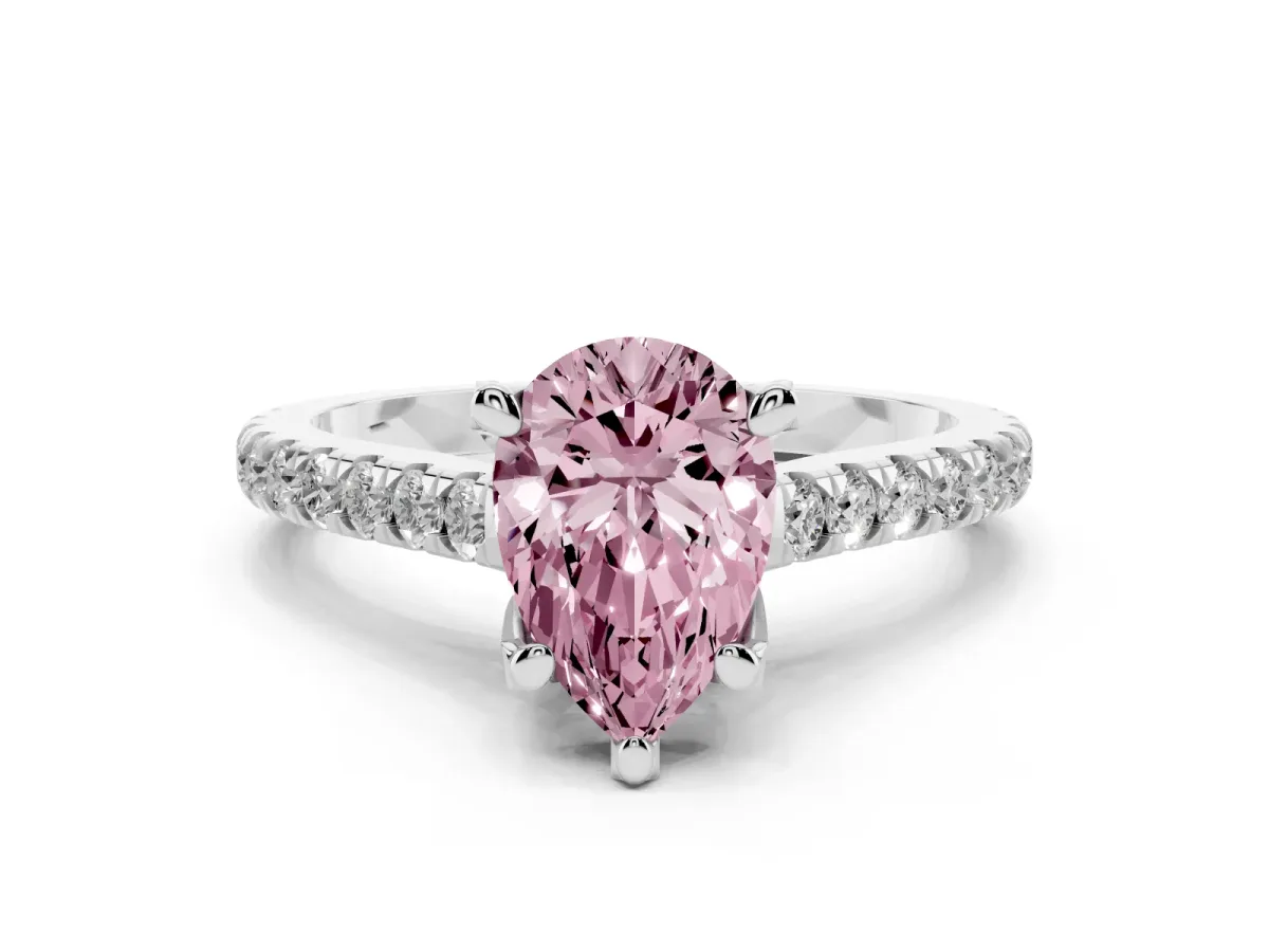 Fancy Pink Pear Cut Brilliant Diamond Solitaire with Pavé Band and Four-Prong Setting Silver