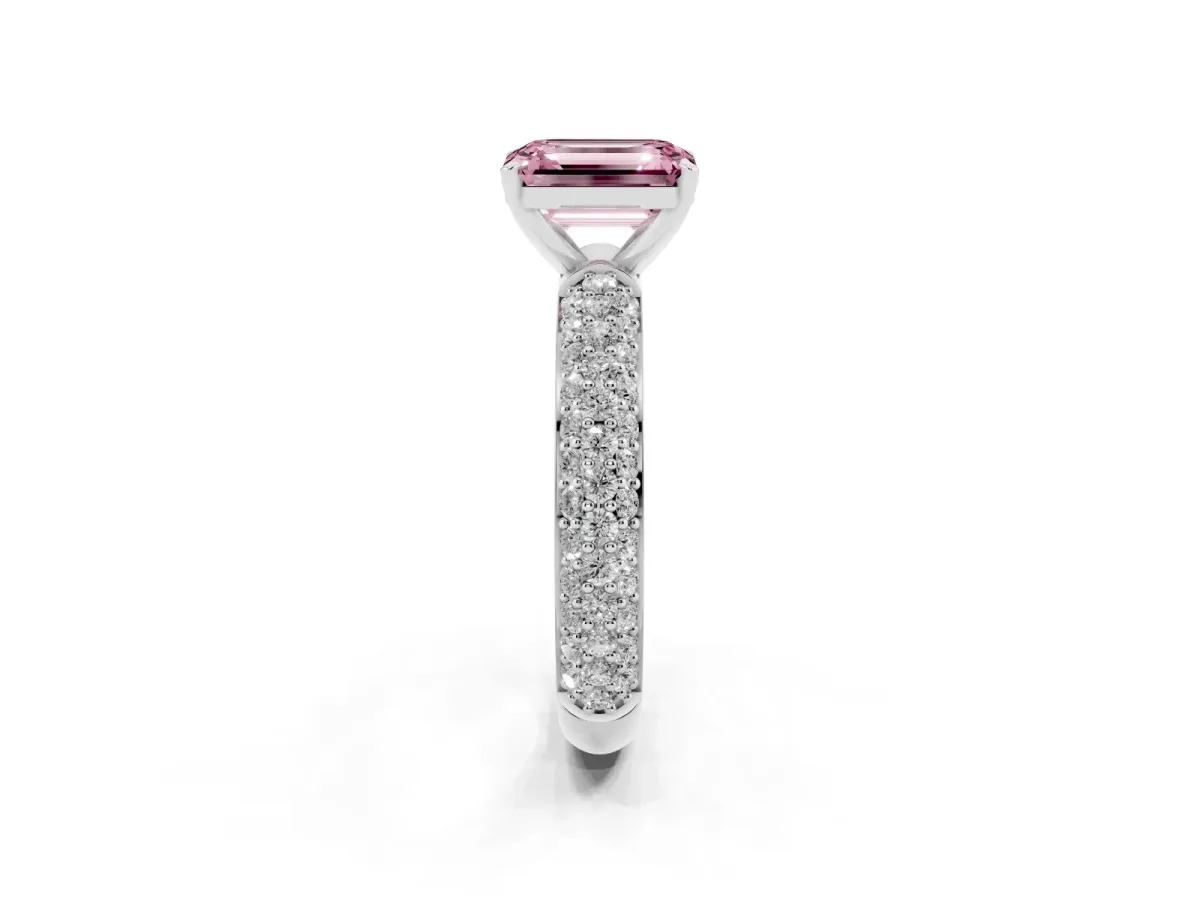 Fancy Pink Emerald Cut Diamond Solitaire Ring with Prong Setting and Pavé Band Silver