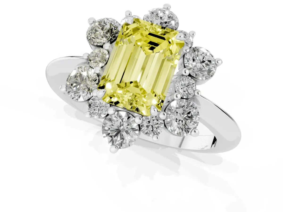 Fancy Yellow Emerald Cut Diamond Cluster Halo Ring with Solitaire Band and Four-Prong Setting Platinum