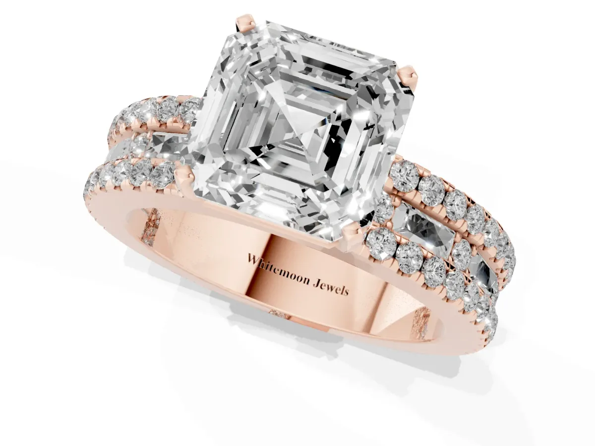 Asscher Cut Diamond Solitaire Ring with Pavé and Channel Set Band Rose gold