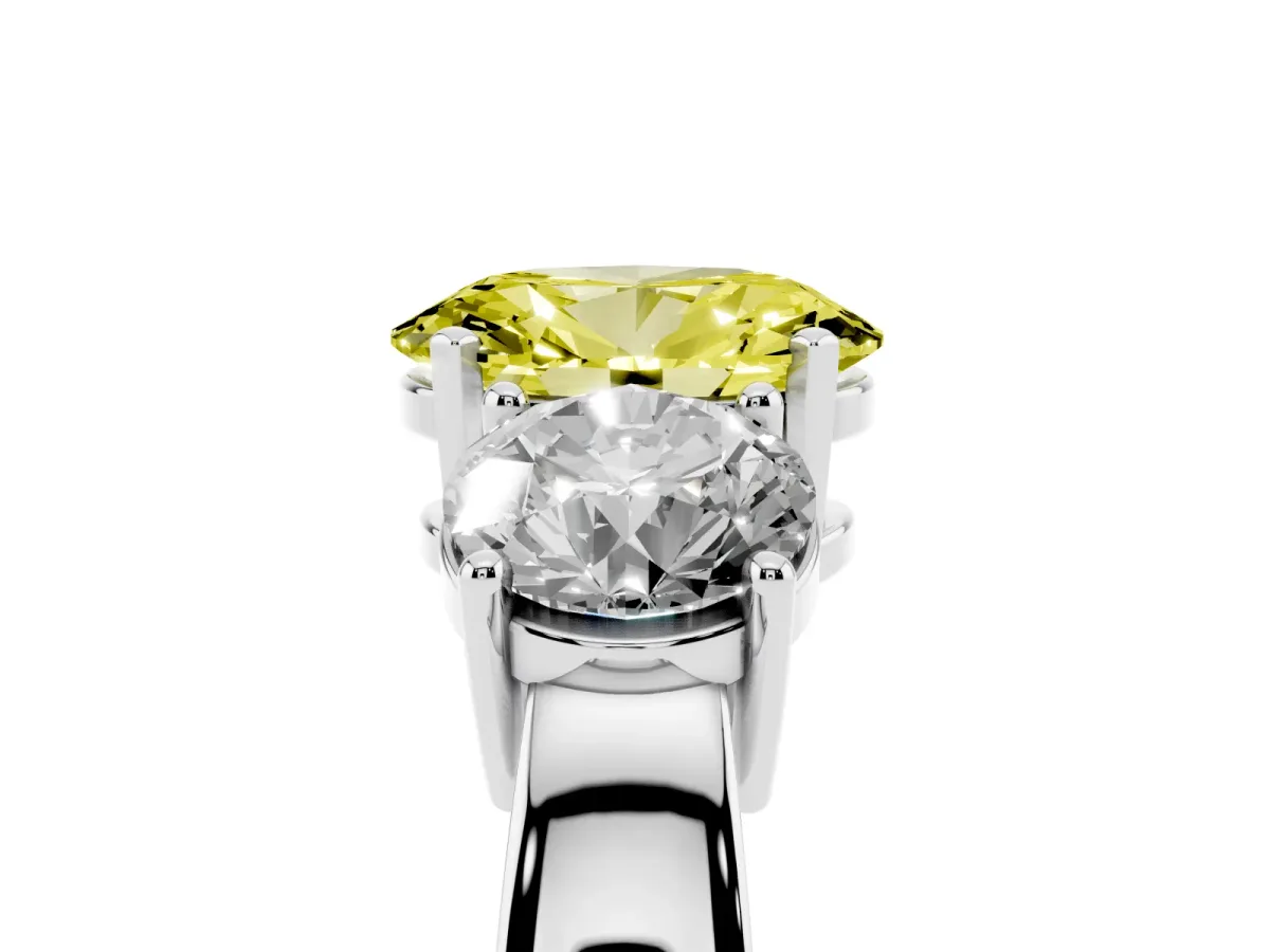 Fancy Yellow Three-Stone Oval Cut Diamond Ring with Round Side Stones, Classic Band, and Four-Prong Setting Silver