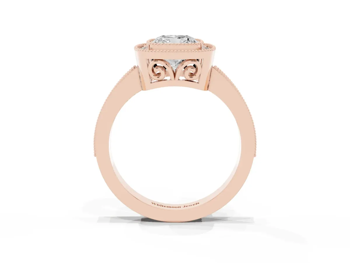 Cushion Cut Cut Halo Diamond Ring with Pavé Band and Milgrain Prong Setting Rose gold