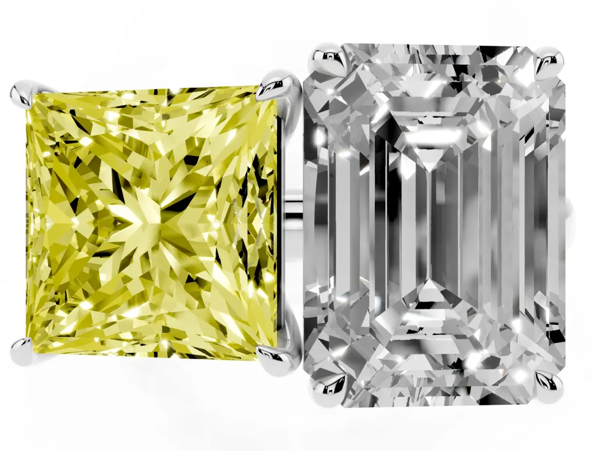 Fancy Yellow Princess Cut and Emerald Cut Toi Moi Ring with Prong Setting Silver