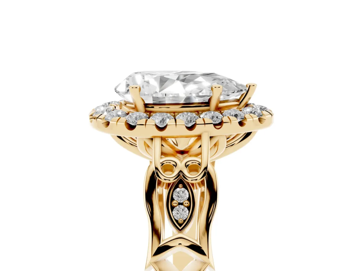 Pear Cut Halo Diamond Engagement Ring with Filigree Band and Four-Prong Setting Yellow gold