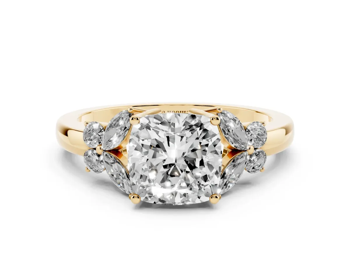 Cushion Cut Cut Solitaire Floral Diamond Ring with Four-Prong Setting Yellow gold