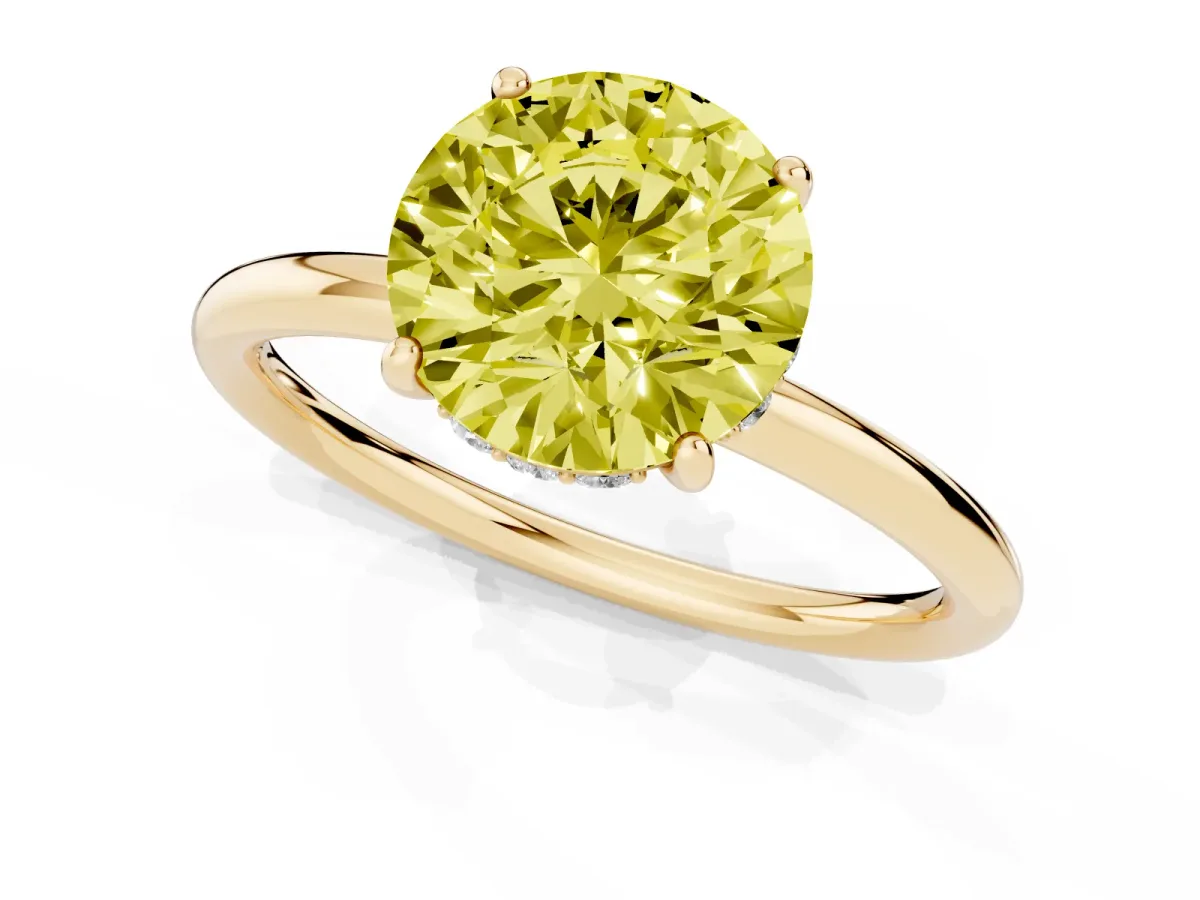 Fancy Yellow Round Cut Solitaire Diamond Ring with a Classic Band and Four-Prong Setting Yellow gold