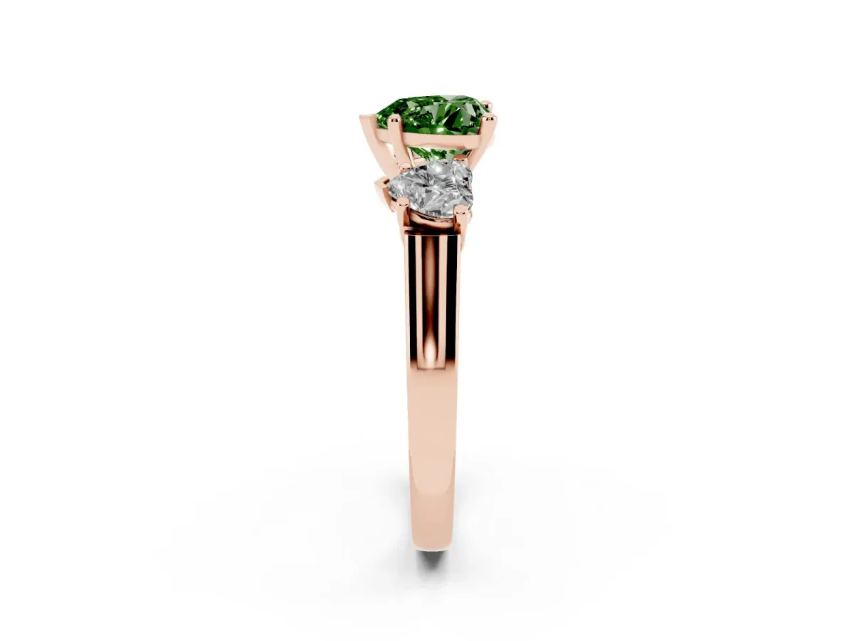 Fancy Green Three-Stone Heart Cut Brilliant Diamond Trellis Ring with Comfort Fit Band Rose gold