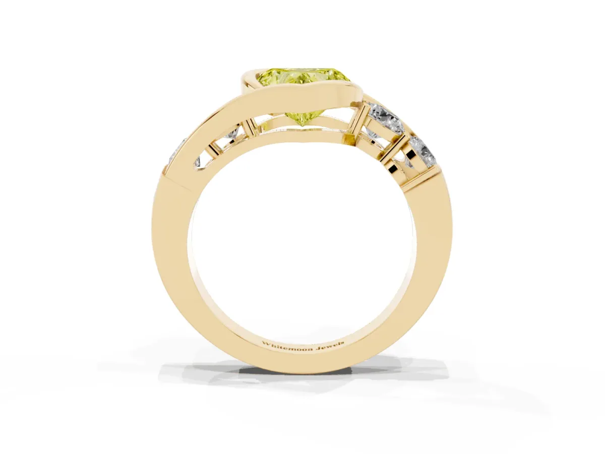 Fancy Yellow Bezel Set Heart Cut Diamond Bypass Ring with Round Accents Yellow gold