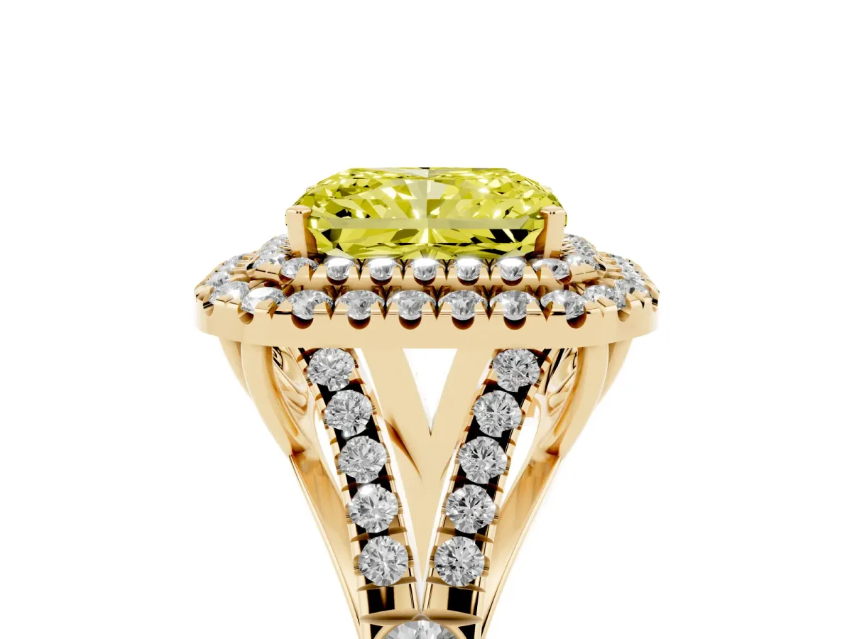 Fancy Yellow Radiant Cut Cut Double Halo Split Shank Diamond Ring with Prong Setting Yellow gold