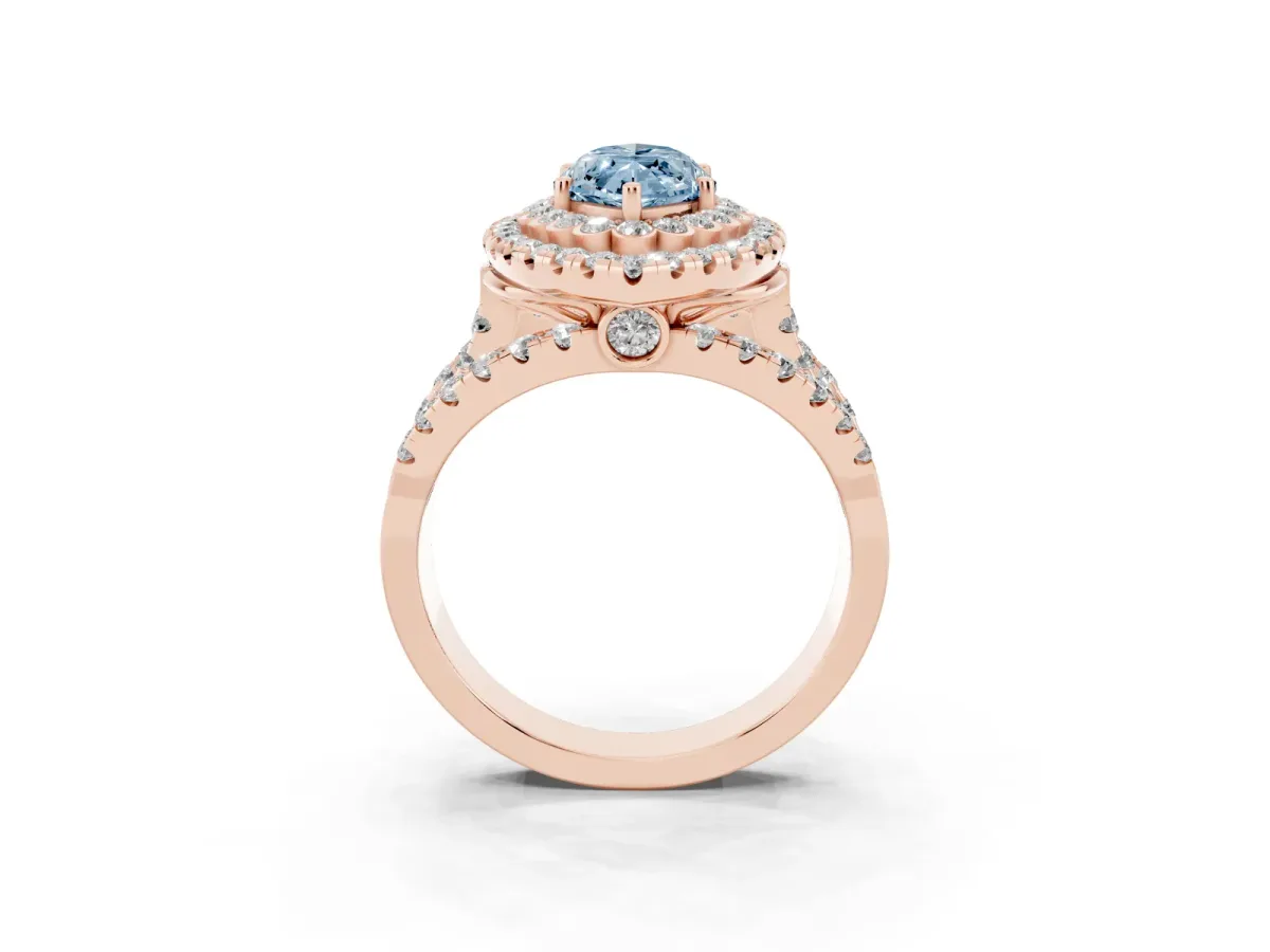 Fancy Blue Marquise Cut Diamond Double Halo Ring with Round Pavé Split Shank and Prong Setting Rose gold
