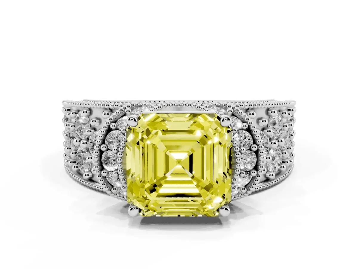 Fancy Yellow Asscher Cut Halo Pave Diamond Engagement Ring with Milgrain Detailing Platinum