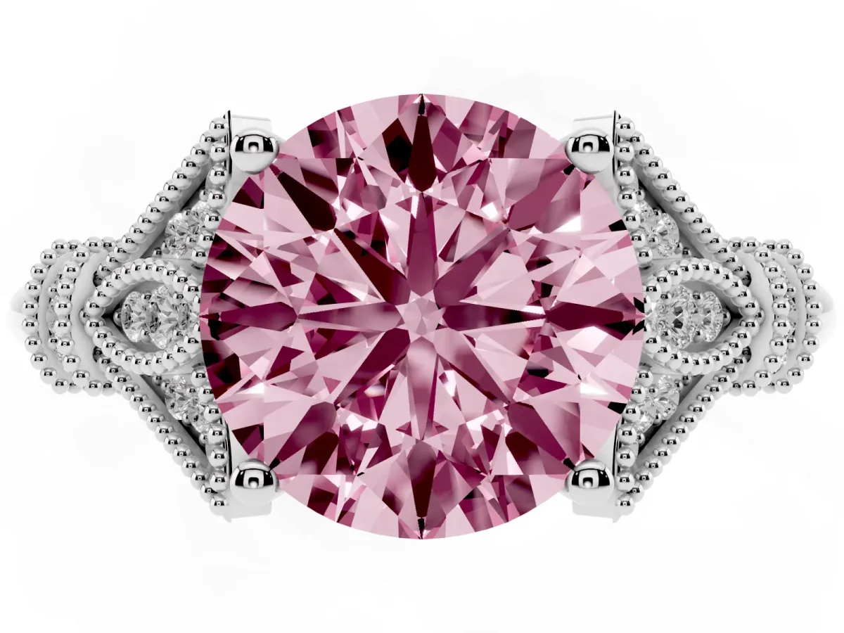Fancy Pink Round Cut Diamond Solitaire Ring with Floral Filigree and Pave Accents White gold