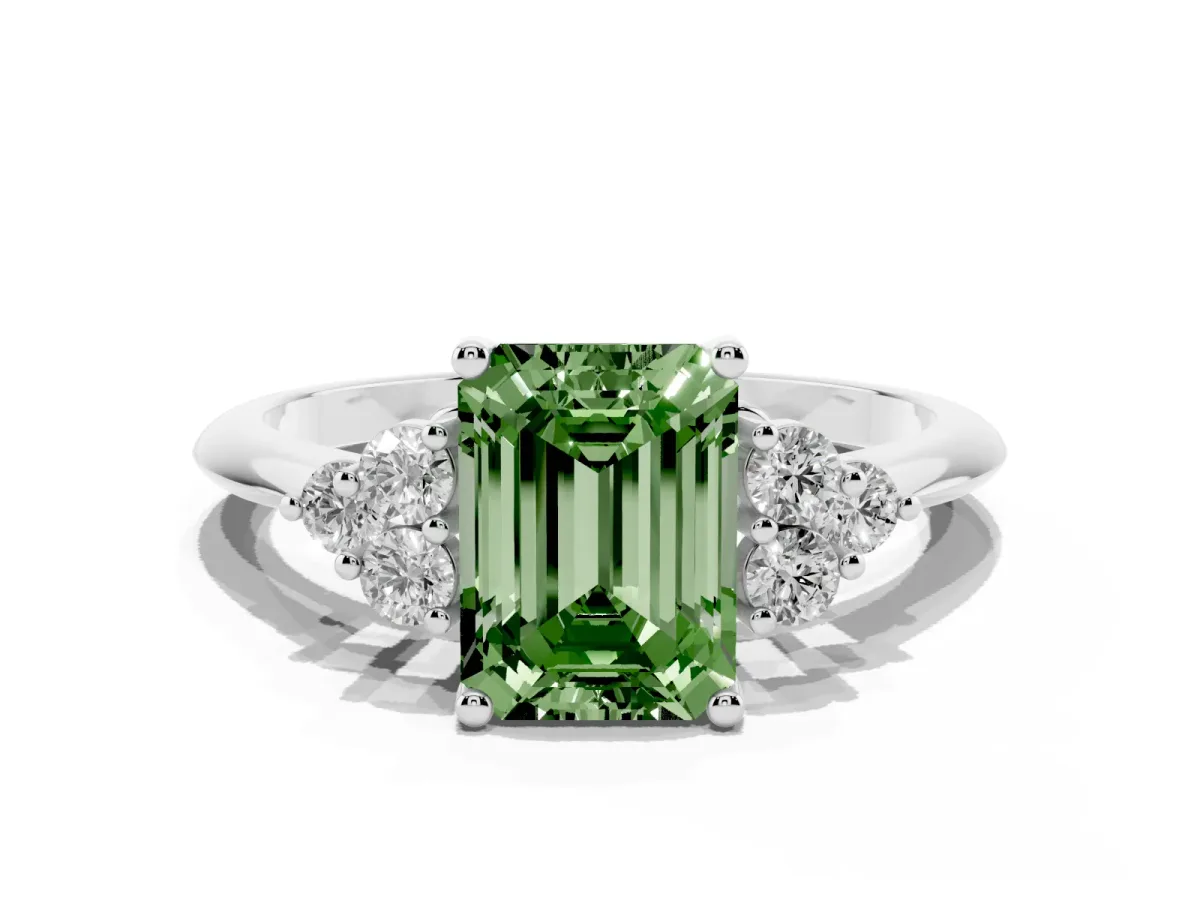 Fancy Green Emerald Cut Cut Diamond Cluster Ring with Solitaire Band and Four-Prong Setting Platinum