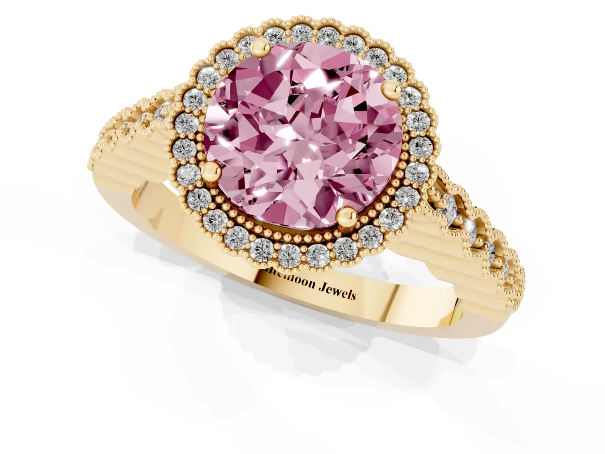 Fancy Pink Round Cut Cut Halo Pavé Solitaire Ring with Milgrain Band Yellow gold