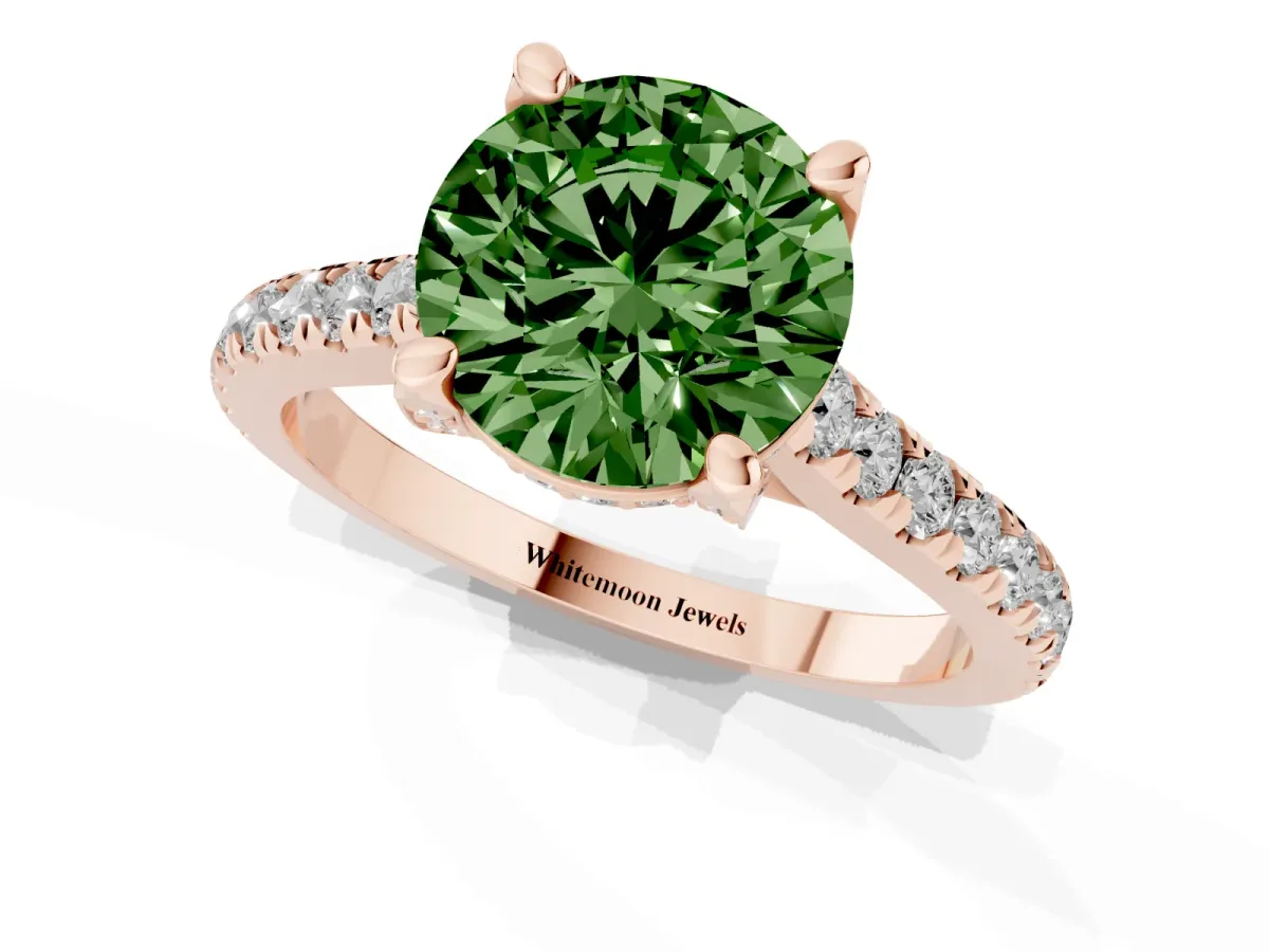 Fancy Green Round Cut Brilliant Diamond Solitaire with Pavé Band and Four-Prong Setting Rose gold