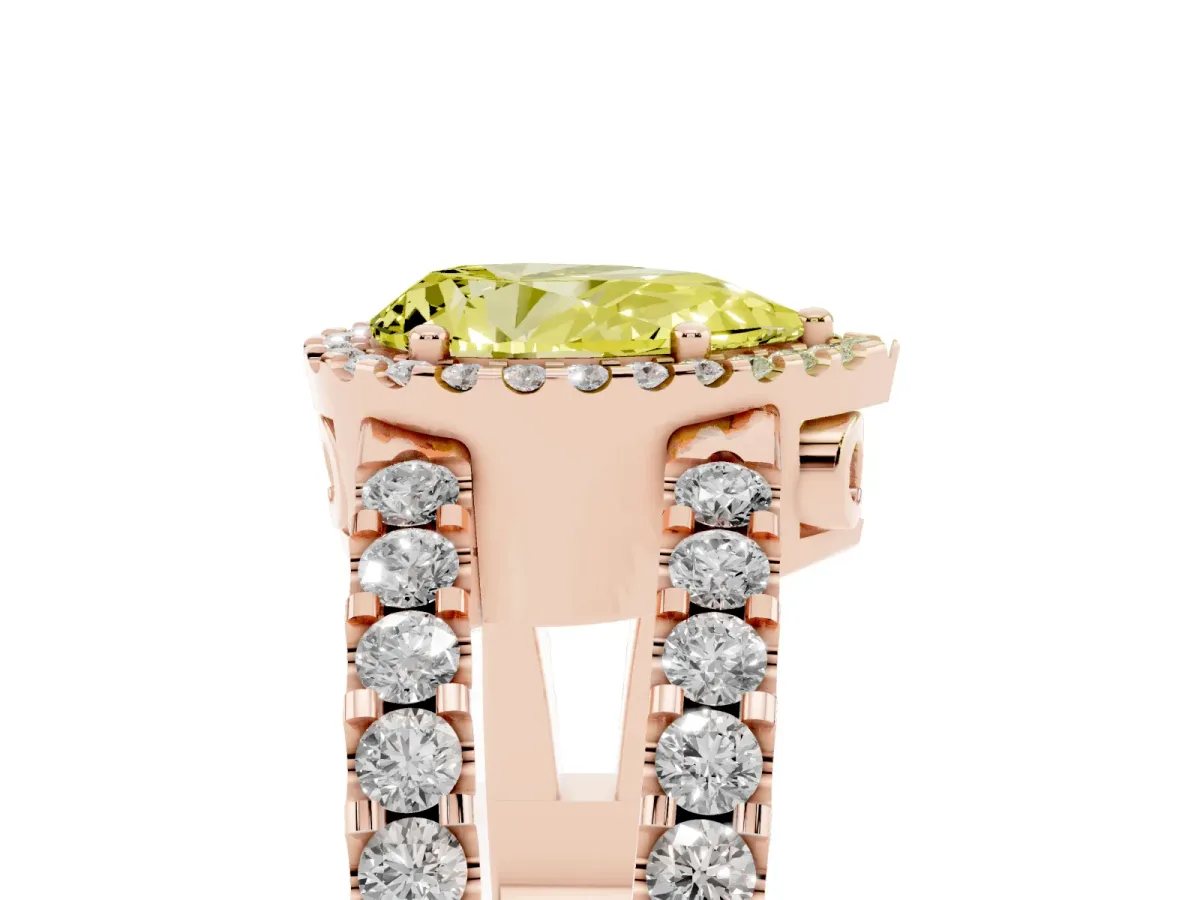 Fancy Yellow Pear Cut Cut Halo Split Shank Diamond Ring with Four-Prong Setting Rose gold
