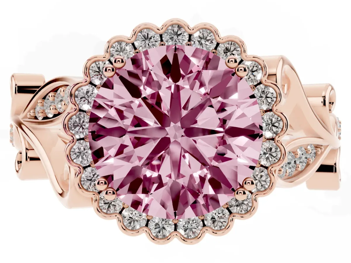 Fancy Pink Round Cut Diamond Halo Ring with Vintage Split Shank and Four-Prong Setting Rose gold