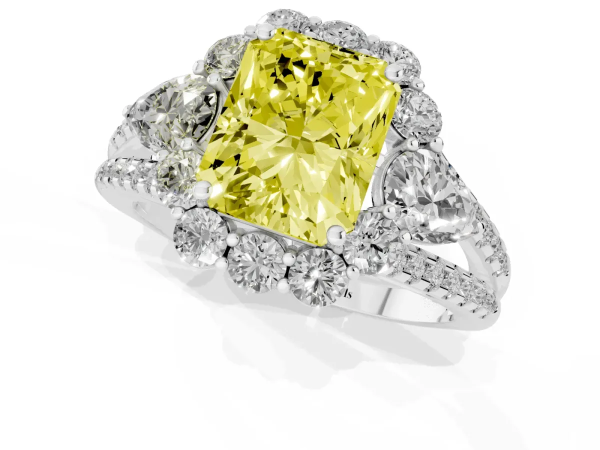Fancy Yellow Radiant Cut Halo Split Shank Diamond Engagement Ring with Prong Setting Silver