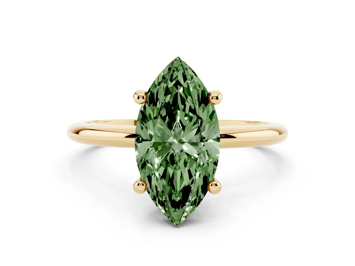 Fancy Green Marquise Cut Solitaire Diamond Ring with 4-Prong Setting on a Classic Band Yellow gold