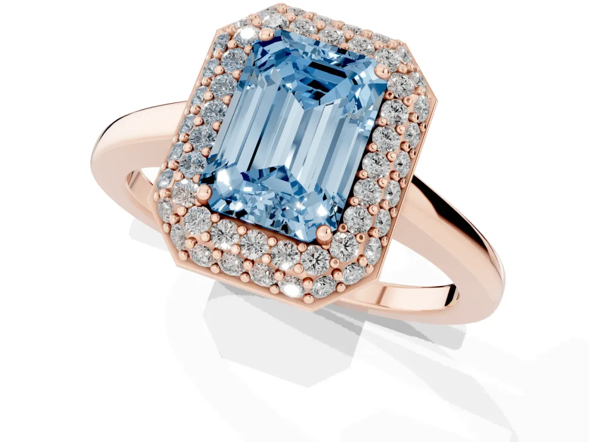 Fancy Blue Emerald Cut Halo Diamond Engagement Ring with Solitaire Band and Four-Prong Setting Rose gold